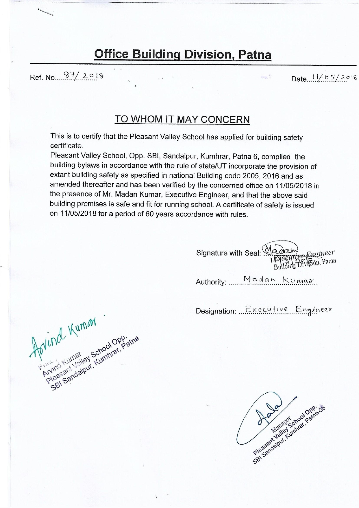 Building Safety Certificate Pleasant Valley School