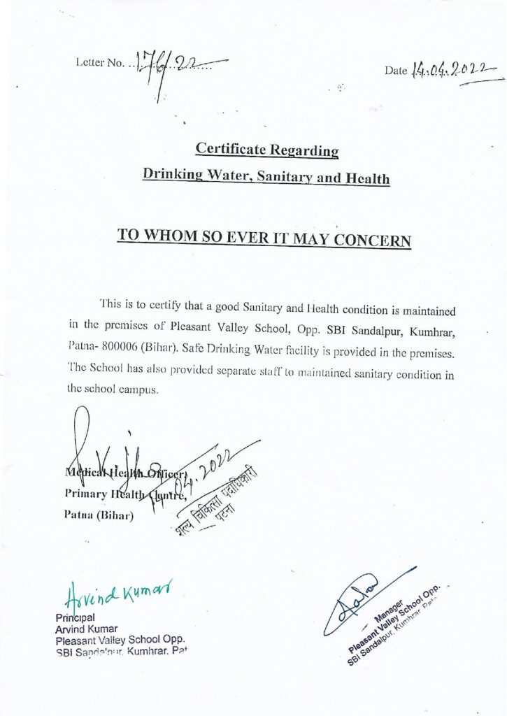 Certificate of Drinking Water, Sanitary & Health